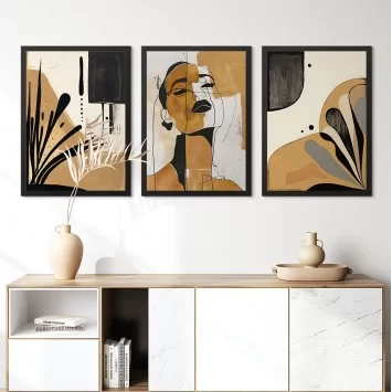 3 Parçalı Çizgisel Portre Soyut Çerçeveli Poster Set